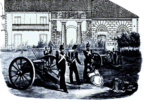 Una vecchia stampa di Mongiana con i soldati borbonici in difesa delle ferriere