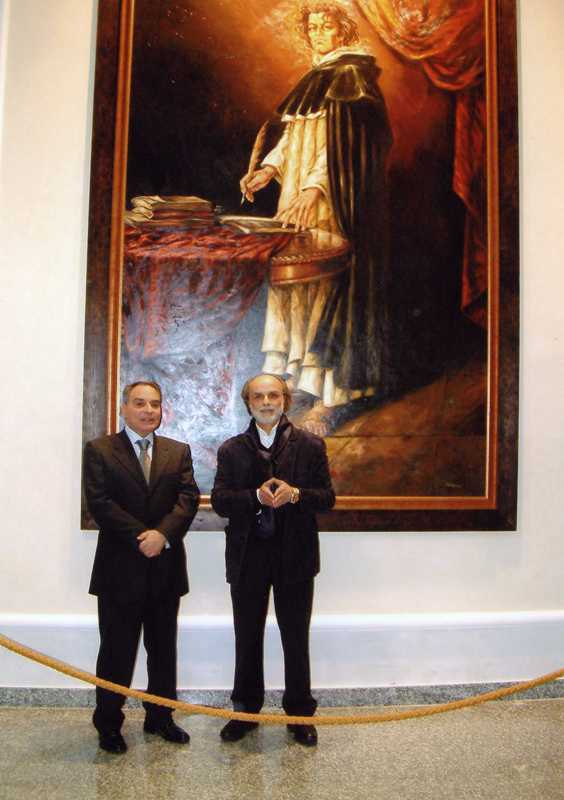Il Presidente Giuseppe Bova ed il pittore Andrea Valere davanti al dipinto raffigurante Fra' Tommaso Campanella