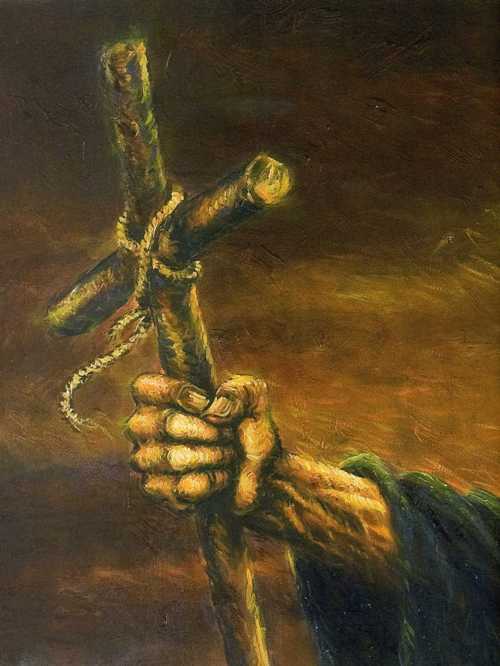 Il particolare del bastone di San Francesco da Paola nel dipinto di Andrea Valere