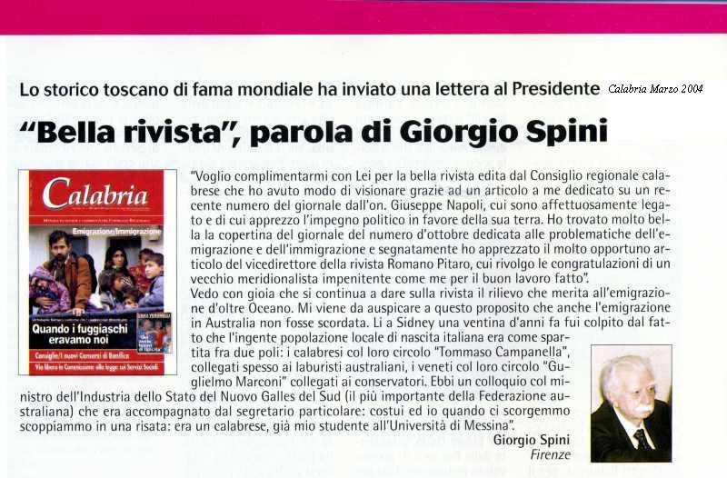 La pagina del numero di Calabria del marzo 2004 con la lettera dello storico toscano